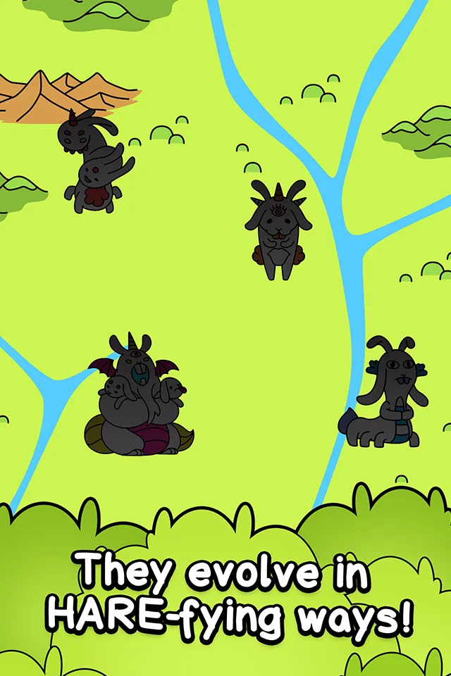 Rabbit Evolution ekrano vaizdas su keliais zuikiais žaidimo lauke