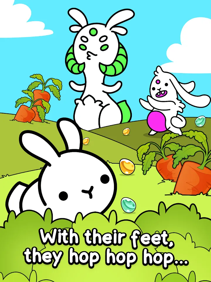 Rabbit Evolution žaidimo ekranas su ryškiais personažais